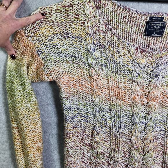 Abercrombie & Fitch Oversized Sweater Sz L Chunky Cable Knit Rainbow Ombre Boxy - Picture 4 of 12